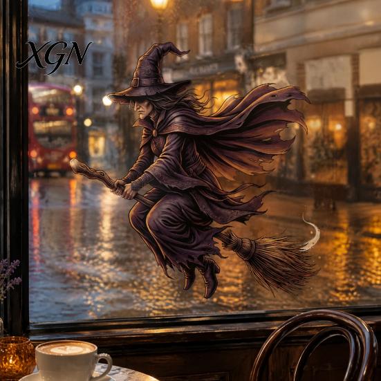 Halloween Party Supplies Witch on Broomstick Static Cling, Themed Glass Window Sticker, Decals Removable Wall Cling for Storefront Windows Doors