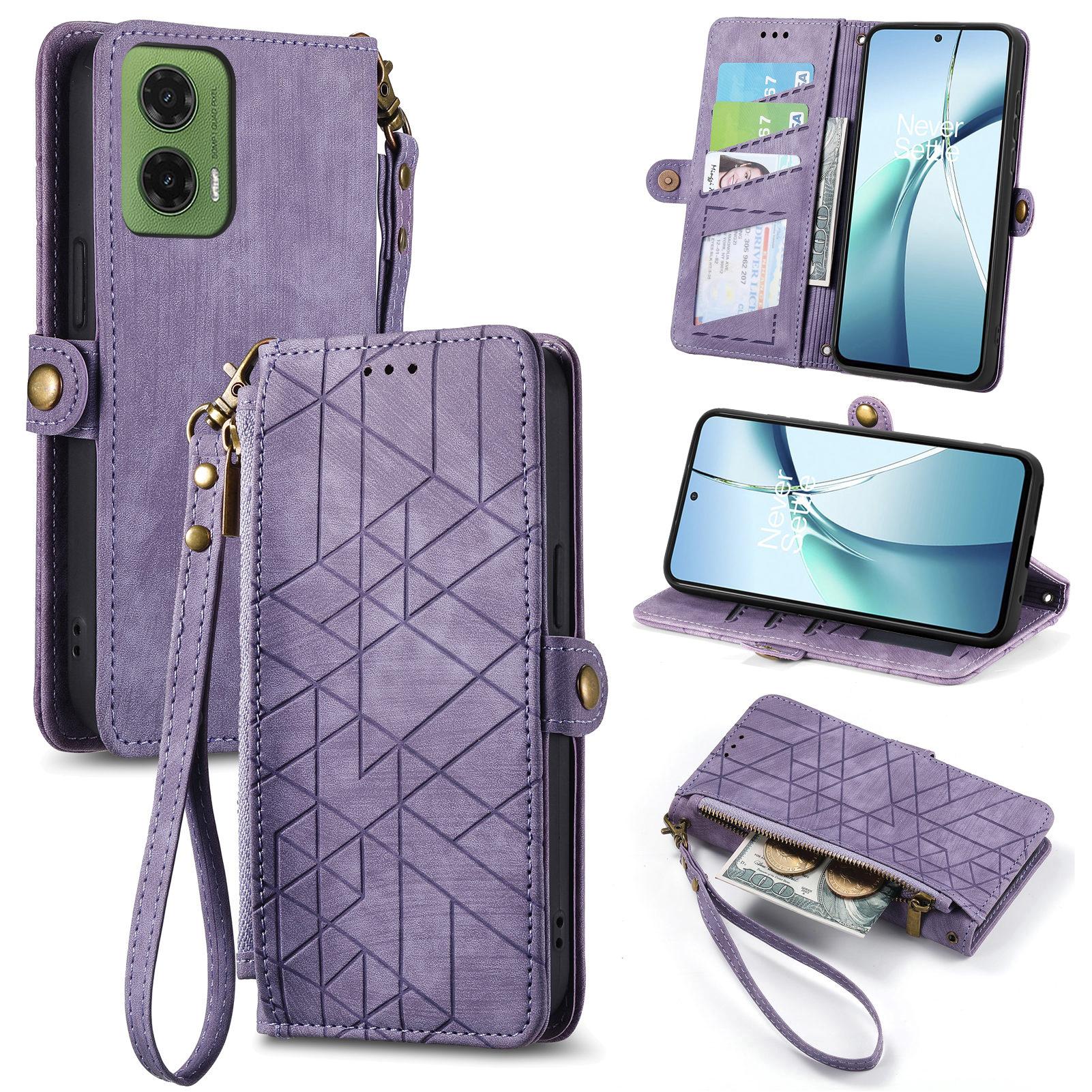 

For Motorola Moto G35 5G Zipper Wallet Case Geometry Lines Leather Phone Cover with Strap Light Purple