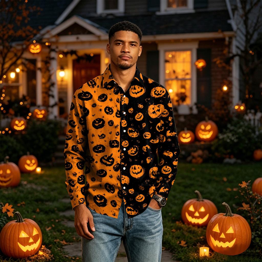 Men's Long Sleeve Button-Down Halloween Print Shirt for Casual Party Wear