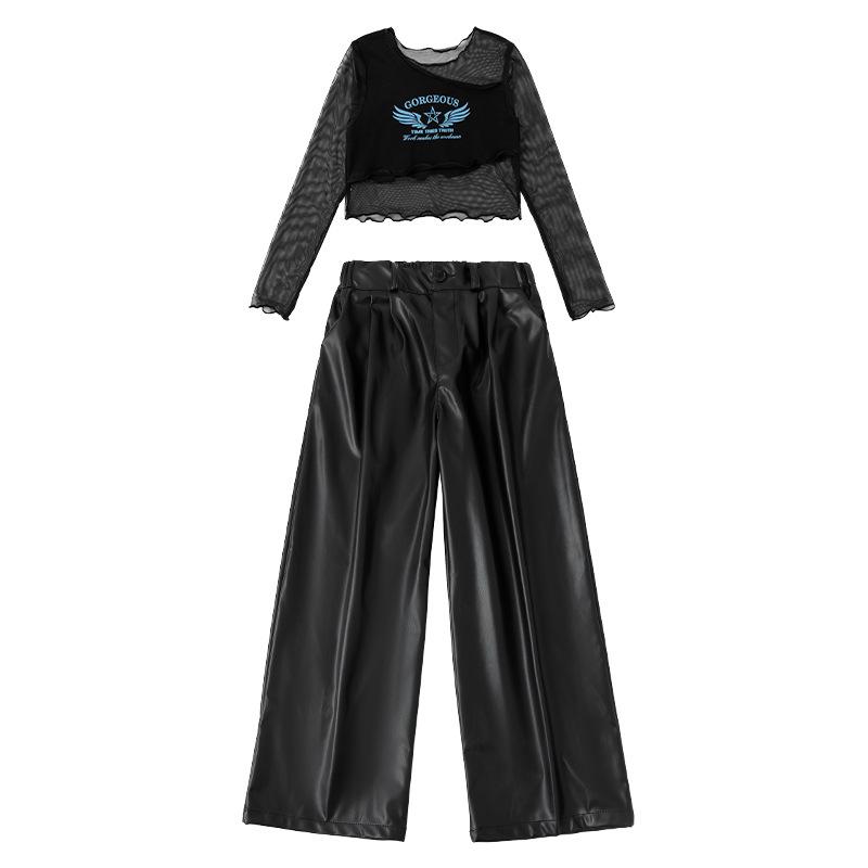 Completo da ballo jazz da ragazza: Top Corto a Maniche Lunghe in Rete con Bretelle, Costume da Esibizione Streetwear e da Passerella
