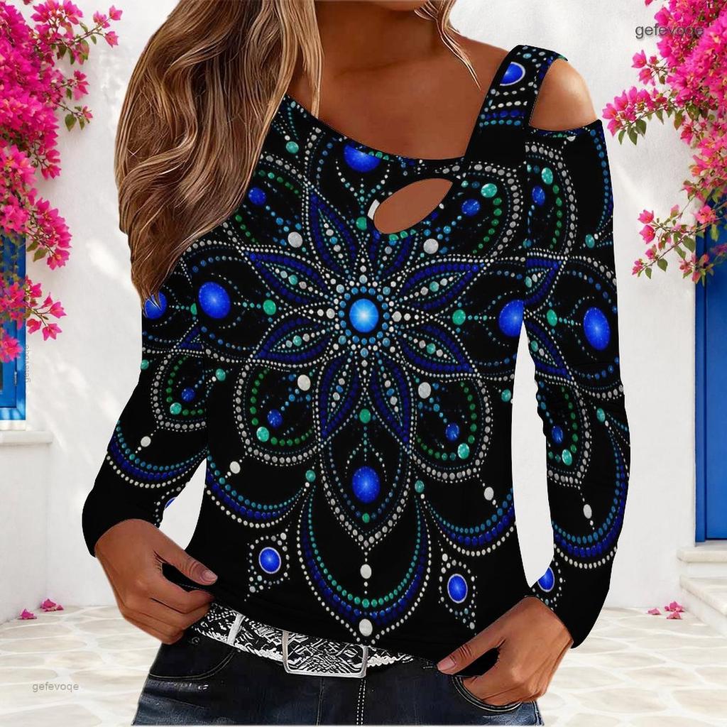 Women Plus Size Asymmetric Cutout Neck Cold Shoulder Long Sleeve Fitted Pastel Gradient Printed Top