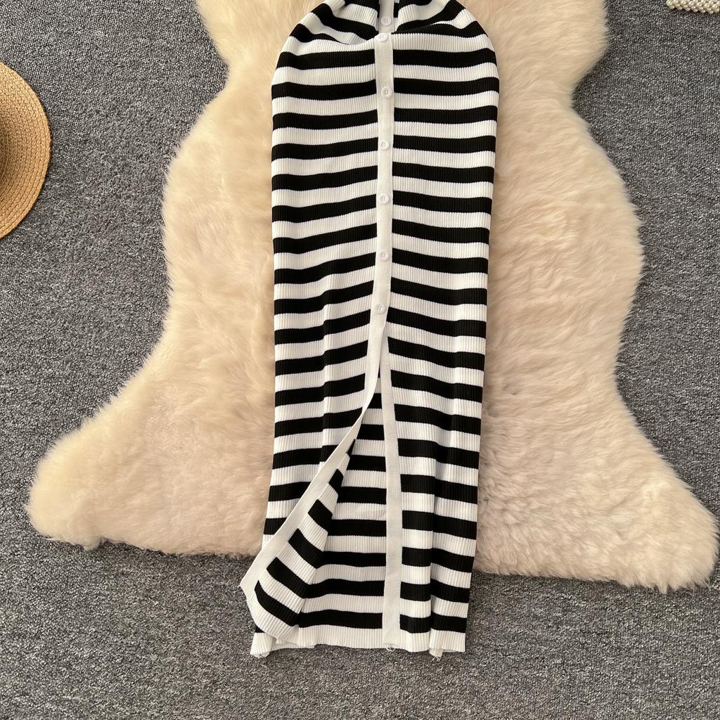 Summer Women Casual V-neck Striped Knitted Sweater Long Maxi Split Slim Bodycon Sheath Dresses