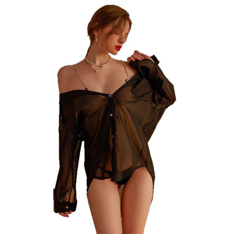 Sexy Dessous sexy Chiffon transparente Robe reine Begierde freies weißes Hemd Sekretärinnenuniform Bett-Tease Damenpyjama