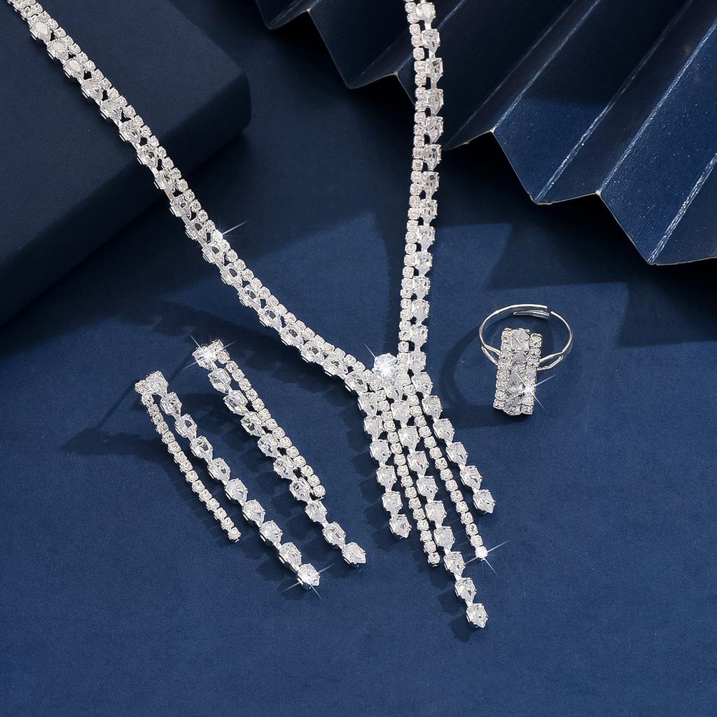 3-teiliges Modeschmuck-Set für Damen, Halskette mit Zirkon-Quaste, Ohrringe, Ringe, Zirkon-Set, Einfach für Hochzeit, Party, Festival-Geschenk-8572