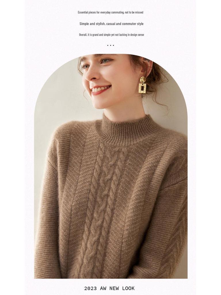 Women's Cashmere Semi-High Neck Long Sleeve Pullover - Solid Color, Casual, Loose, Thickened for Autumn/Winter.