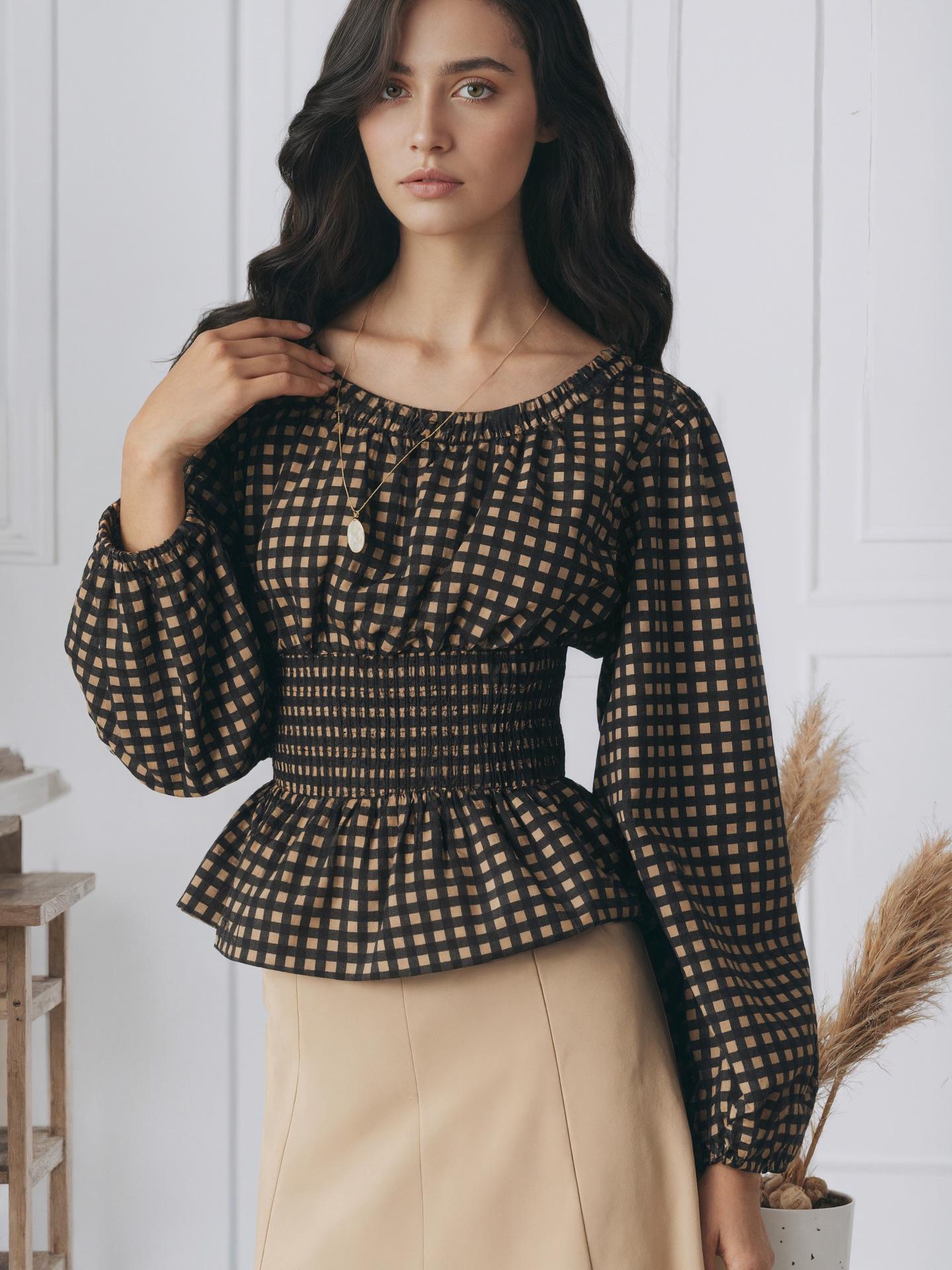 2025 Euro-American Plaid Puff Sleeve Shirt for Women - Round Neck, Waist-Cinched, Two-Wear Style S