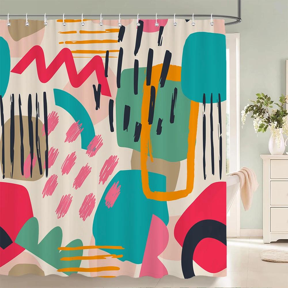 Abstract Bohemian Shower Curtain Medieval Minimalist Art Polyester Fabric Shower Curtain Bathroom Decoration Curtain with Hooks