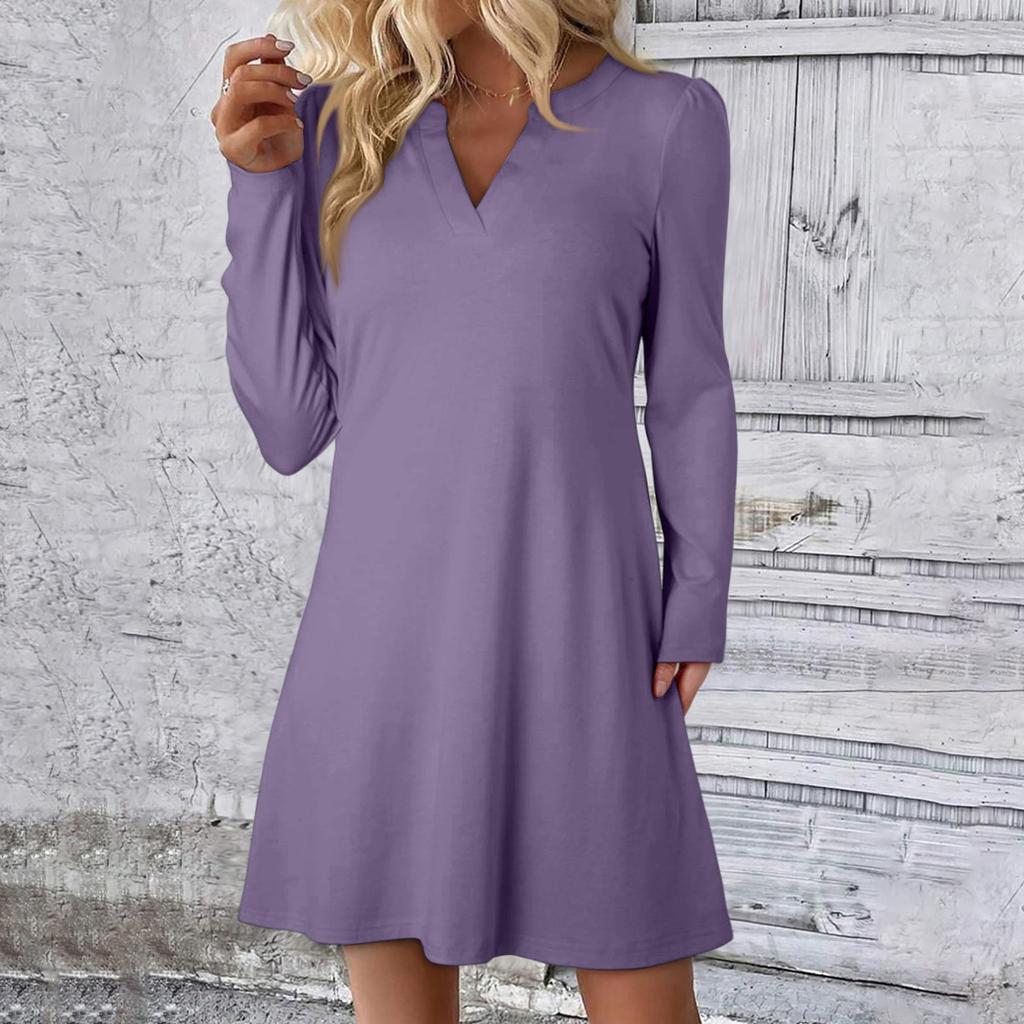 Women's Solid Color Dress Loose V-neck Casual Fashion Long Long Sleeved Dress