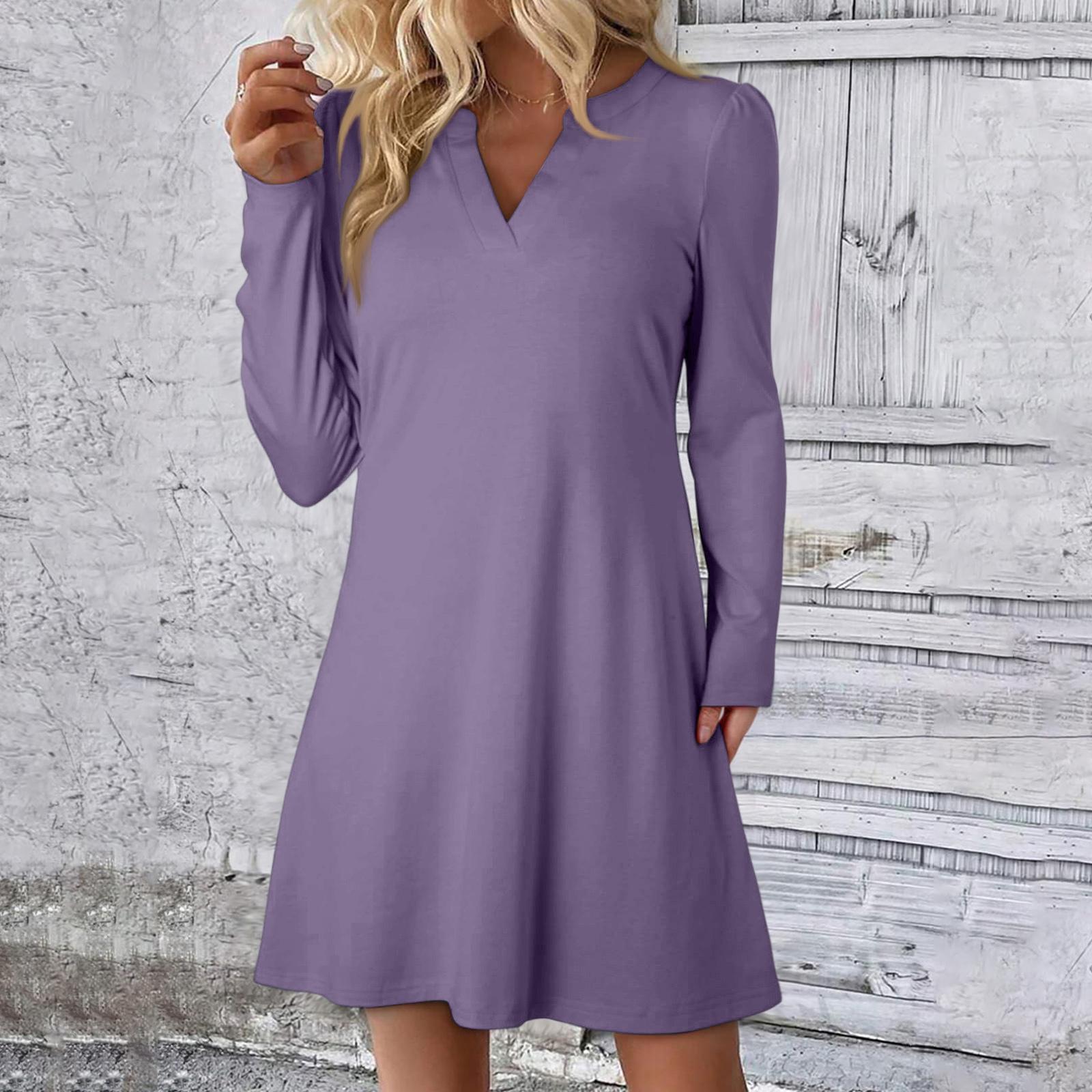 

Women s Solid Color Dress Loose V-neck Casual Fashion Long Long Sleeved Dress M