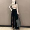 Women Solid Color Wide Leg Loose Elastic High Waist Straight Casual Split Pants