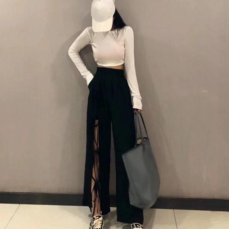 Women Solid Color Wide Leg Loose Elastic High Waist Straight Casual Split Pants