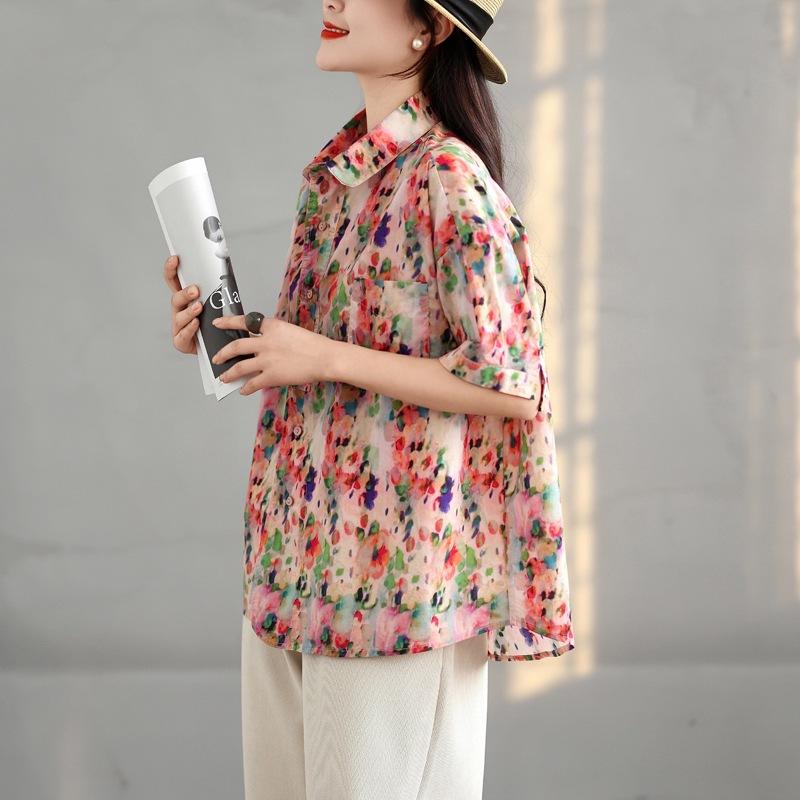 Summer Women's New Korean Version Printed Lapel Single-breasted Loose Short-sleeved Shirt Blouse Top