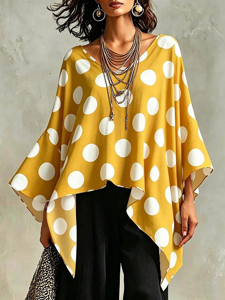 Women Polka Dot Print V Neck Patchwork Loose Casual Blouse Top