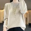 Women's Fashion Casual Pullover Knitted Sweater With Buttons, Solid Color, Long Sleeves Top
