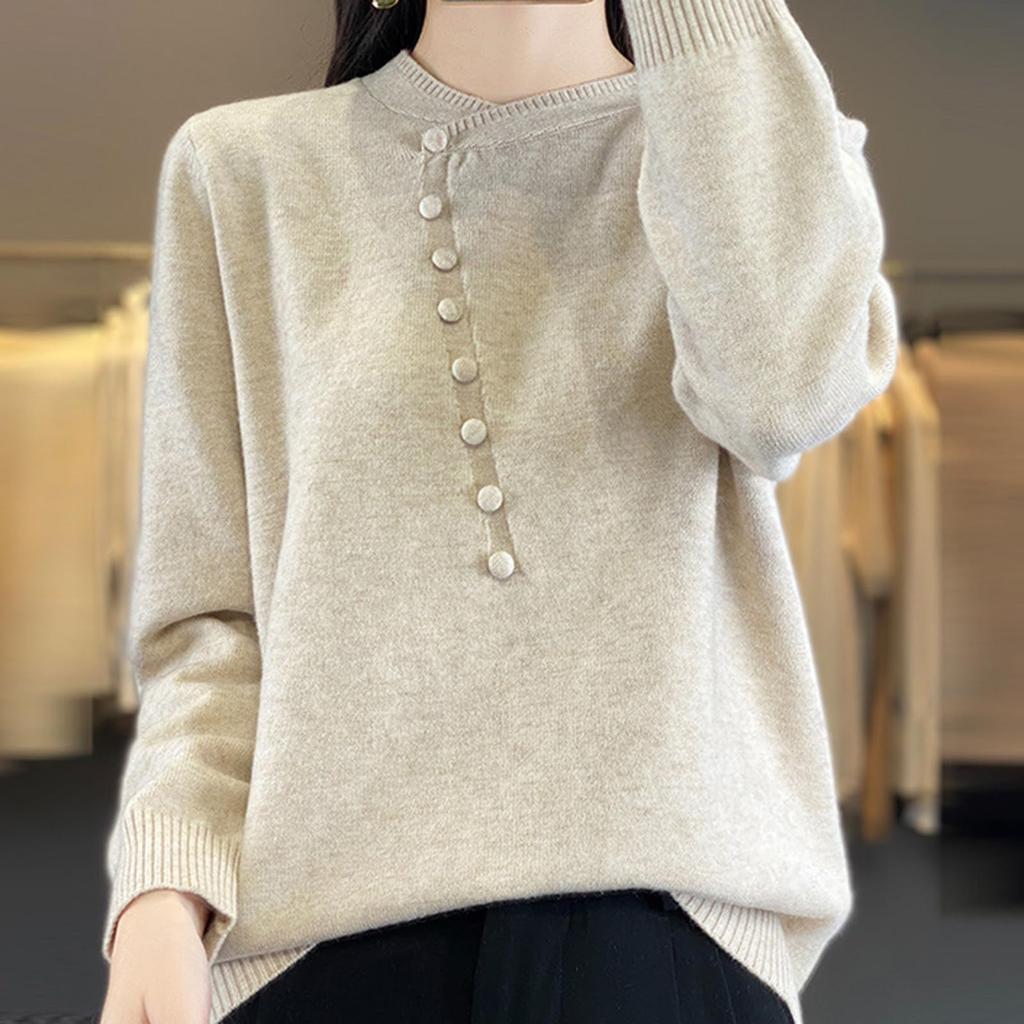 Women's Fashion Casual Pullover Knitted Sweater With Buttons, Solid Color, Long Sleeves Top