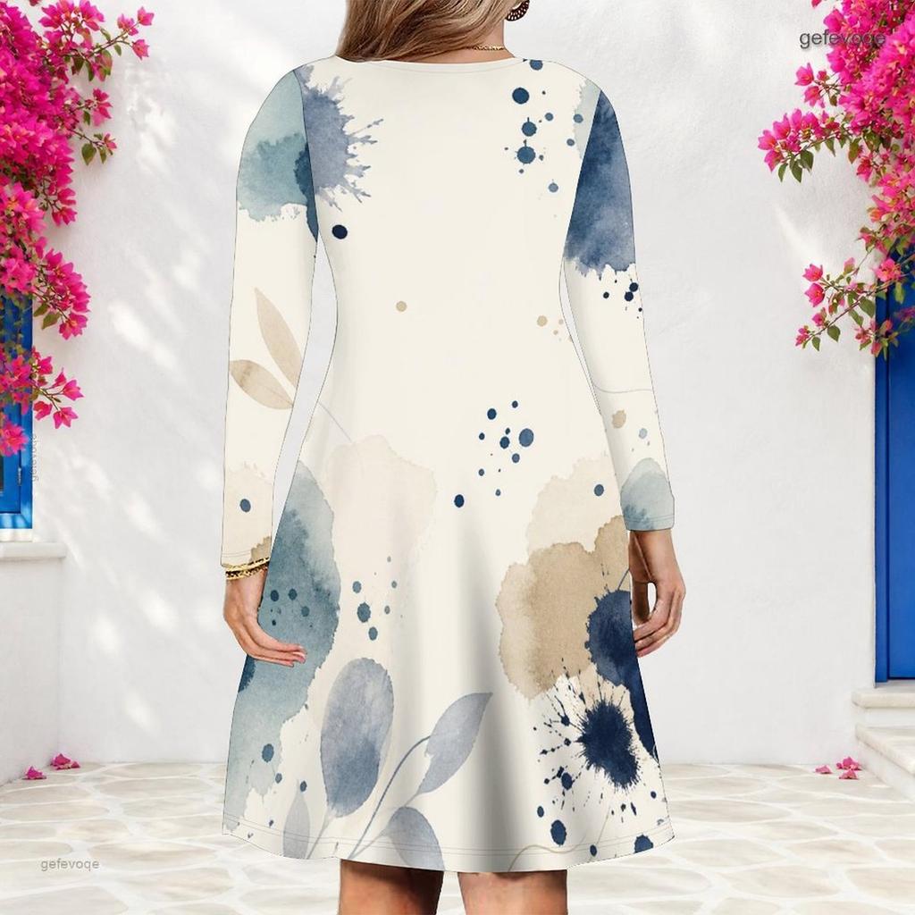 Women Plus Size V Neck Long Sleeve Printed White Teal A Line Dress