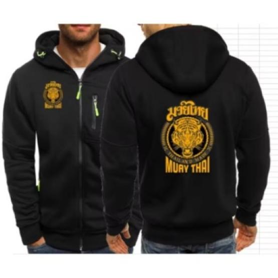 Tiger Muay Thai Kickboxing Boxing MMA UFC Jacket Hood Sweatshirt Long Sleeve Unisex Men Women Zip Gym Fitness Workout Print Training