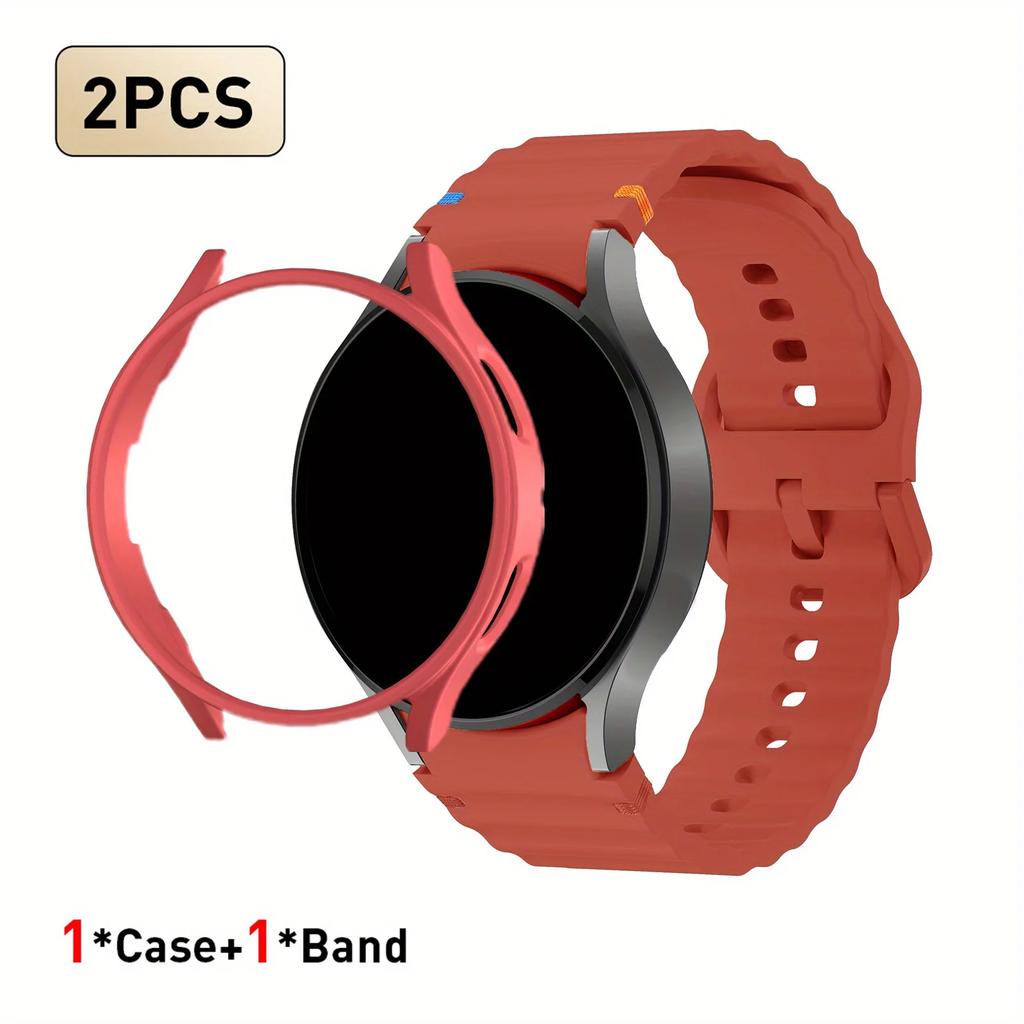 2pcs Strap & PC Case for Watch7/6/5/5Pro/4/FE Original Wave Stitch Color Buckle Semi-Covered Sweat-Proof for Sports