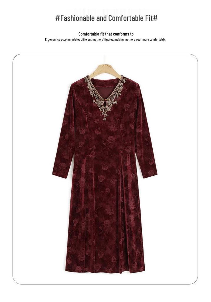 Elegant Slimming Dress for Middle-Aged Women - Flattering Long-Sleeve, Midi-Length Skirt, Stylish High-Grade Mother's Wear