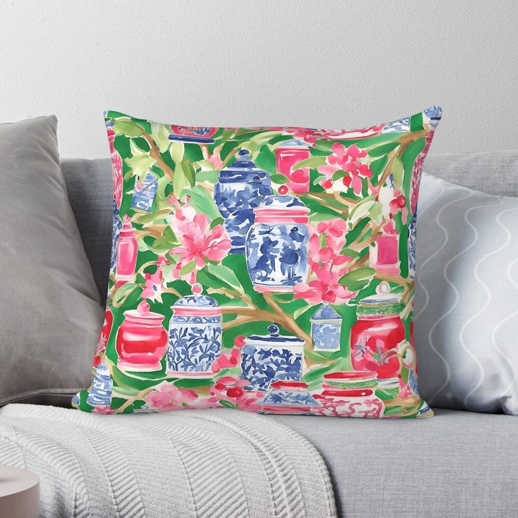 Preppy Chinoiserie Jars Azalea Pillowcase Polyester Linen Velvet Pattern Zip Decor Pillow Case Room