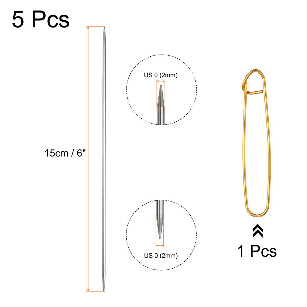 5Pcs Knitting Needle 1.2mm-5mm Dia 6" (15cm) Length Stainless Steel Double Pointed Sweater Stitching Needles w Stitch Holder