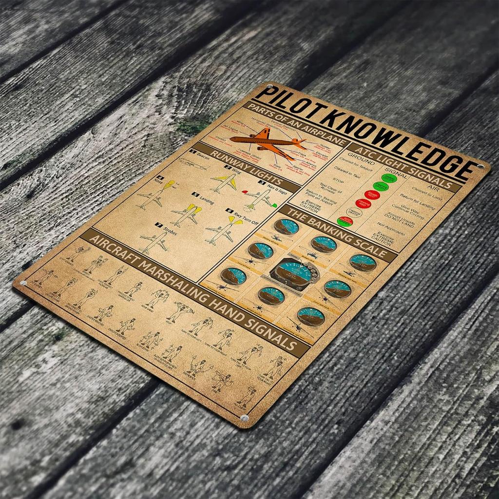 NEGLAI Vintage Aviation Decor Pilot Knowledge Metal Signs Cool Airplane Art Wall Decor Air Plane Decorations for Boys Room Pilot Gifts for Aviation