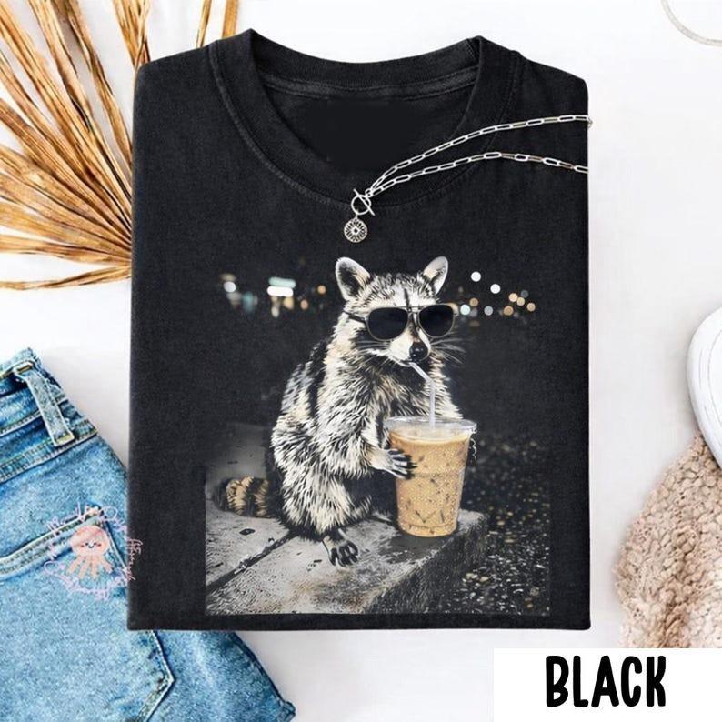 

Raccoon Drinking Iced Coffee Shirt Funny Animal Meme Tee Coffee Lover Raccoon Unisex T-Shirt XXL