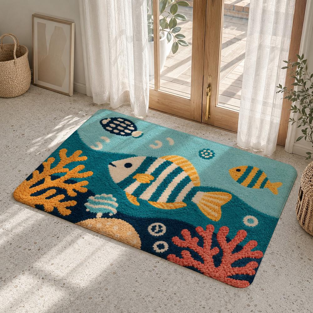 Ocean Creatures Swim Under Sun Floor Mat Flannel Rug Soft Non Slip Washable Door Mat For Bathroom Kitchen Home Decor