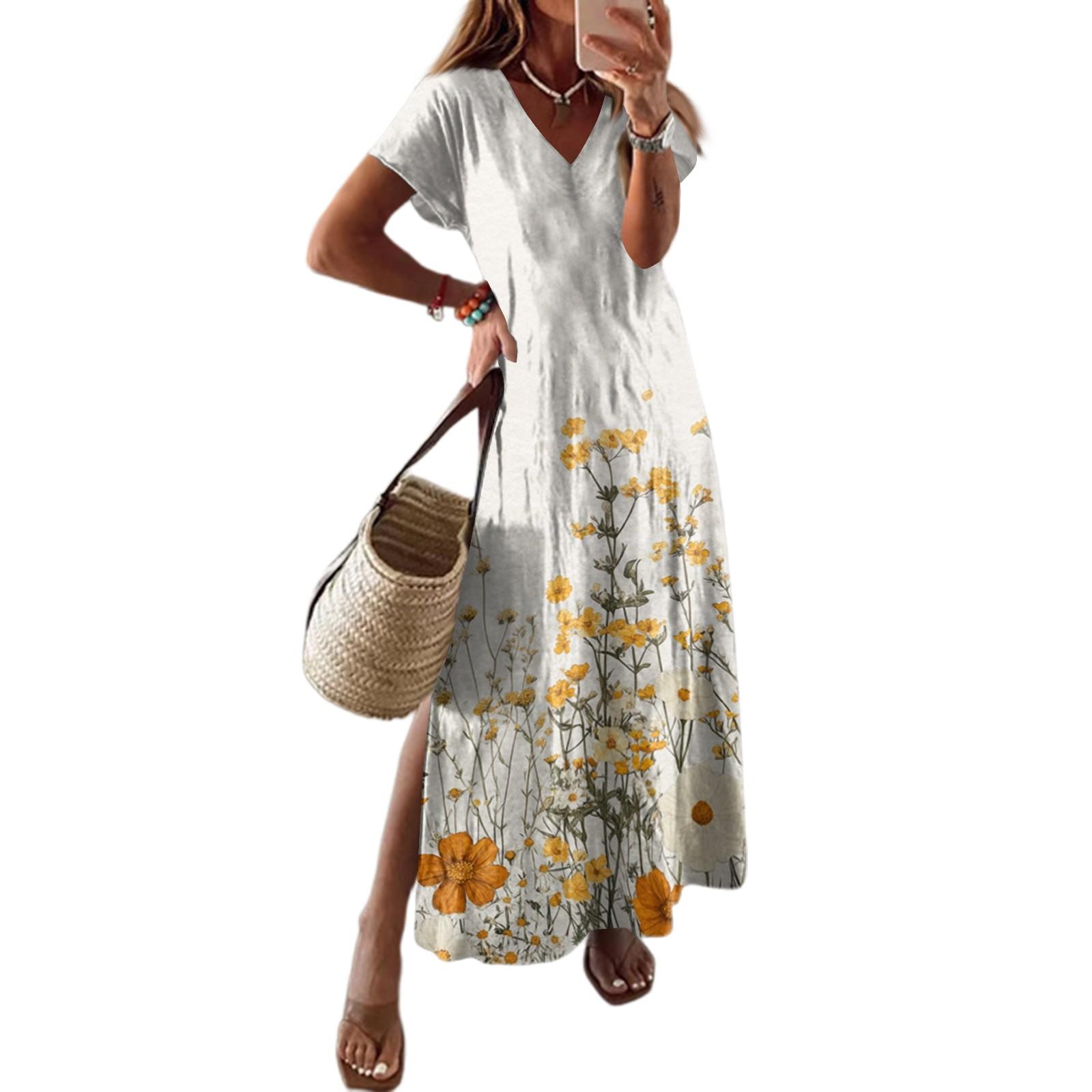 

Женское летнее цветочное платье с коротким рукавом, пляжное платье с карманами, повседневное платье-футболка с V-образным вырезом и разрезом, длинное платье для путешествий и отпуска XXL белый