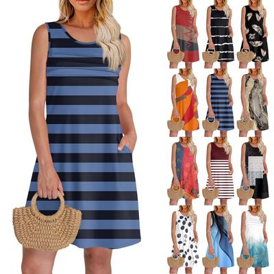 Γυναικεία καλοκαιρινά φορέματα με λαιμόκοψη και πλισέ λαιμόκοψη, αμάνικο, τσέπες, casual φόρεμα