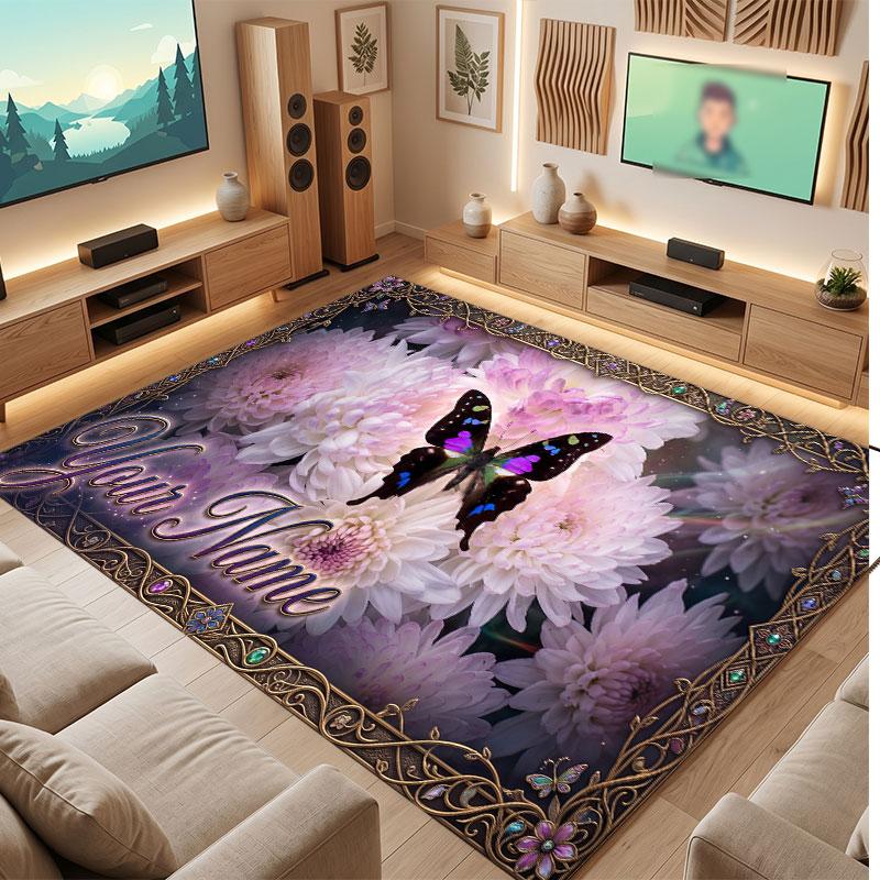 Butterfly Theme Crystal Velvet Floor Rug Personalized Custom Name Text Warm Carpet Home Decoration
