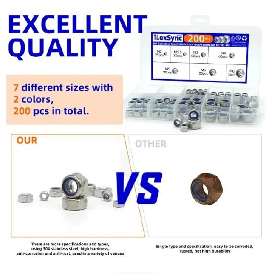200pcs DIN985 Hex Nylon Insert Self Lock Nut Nylock Locknut Assortment Kit Set M2 M2.5 M3 M4 M5 M6 M8 304 A2-70 Stainless Steel