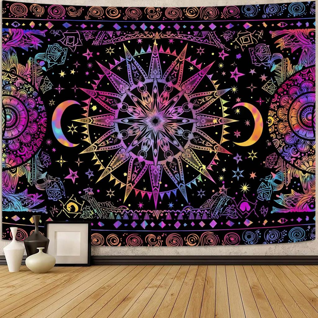 Mystic Moon Moth Tapestry, Boho Celestial Sunflower Floral Print Large Wall Hanging for Bedroom Living Room Aesthetic Decor