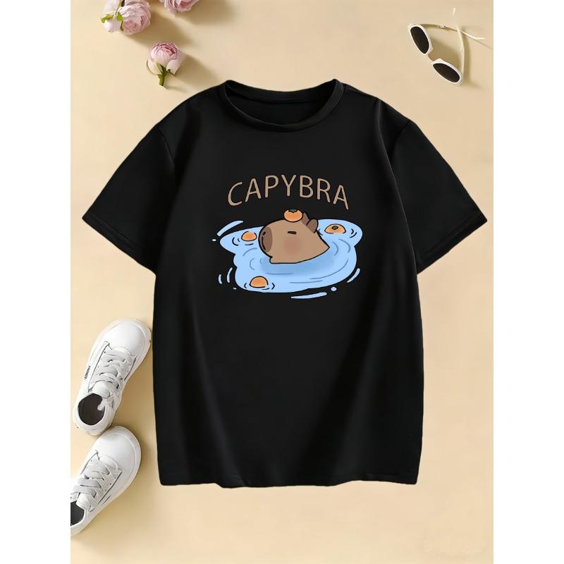 Summer and Spring Children's Swim Cap T-shirt with Capybara Print, Cartoon Short-sleeve Top