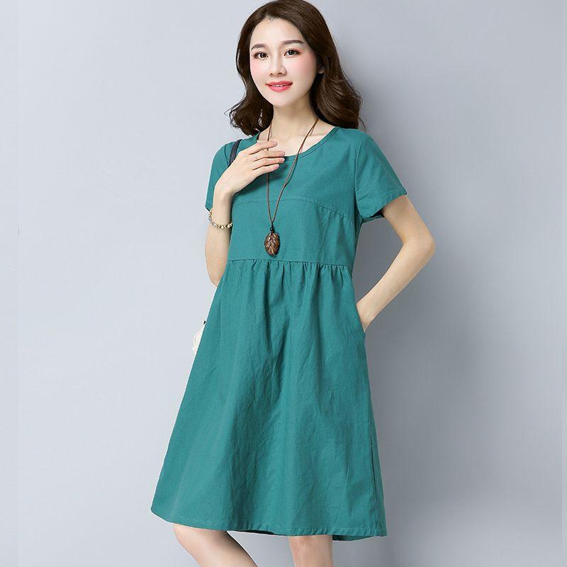 

Хлопковые и льняные платья Женские длинные абзацы с короткими рукавами Корейская версия летнего свободного однотонного тонкого платья трапециевидной формы большого размера 4XL зелёный
