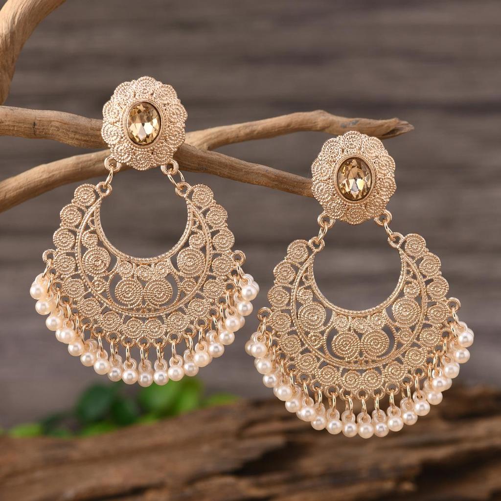 Retro Indian Alloy Rice Bead Tassel Earrings with Scenic Design