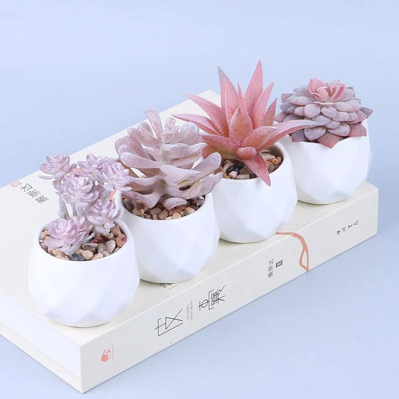 Pink Flocking Artificial Succulents Plants With Pot For Home Garden Decoration Fake Bonsai Flower Planta Artificial Accessories