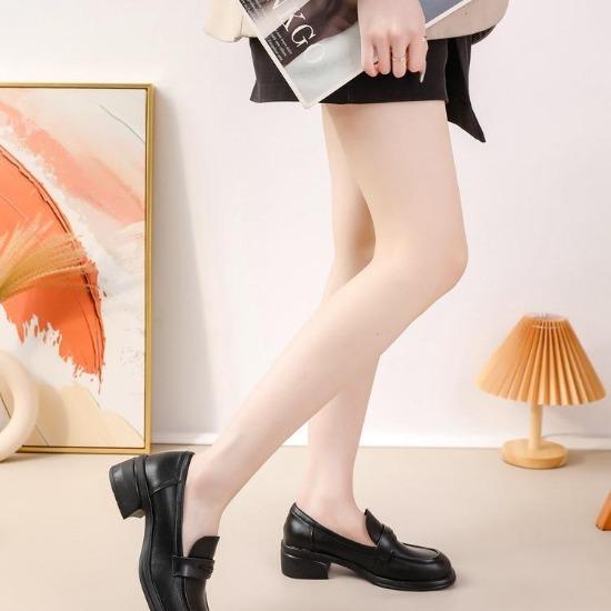 Cowhide Loafers Women's Shoes Genuine Leather Low Top Thick Heel Medium Heel Soft Sole Round Head Comfortable and Versatile Casual Office