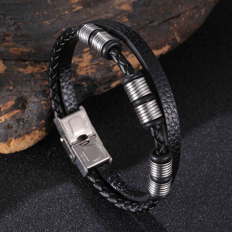 Fine Stainless Steel Jewelry Multi-Layered Men's Black Leather Charm Bracelet HipHop Rock Bangles Christmas Gift