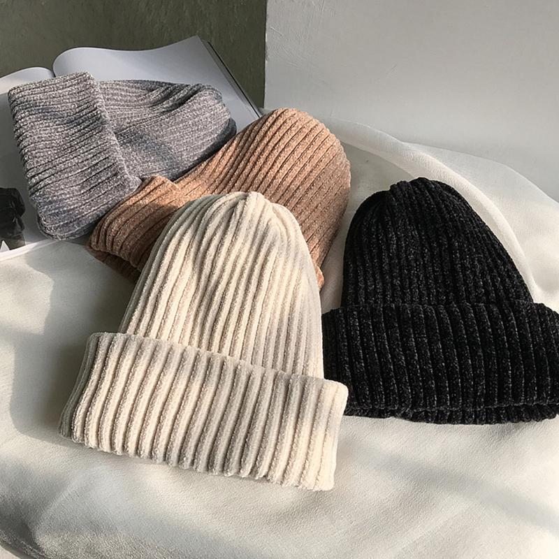Klassische Damen Chenille Samt Wintermütze Retro Beanie Mütze Vintage Gerippt Gestrickt Fischer Hip Hop Einfarbig Sturmhaube