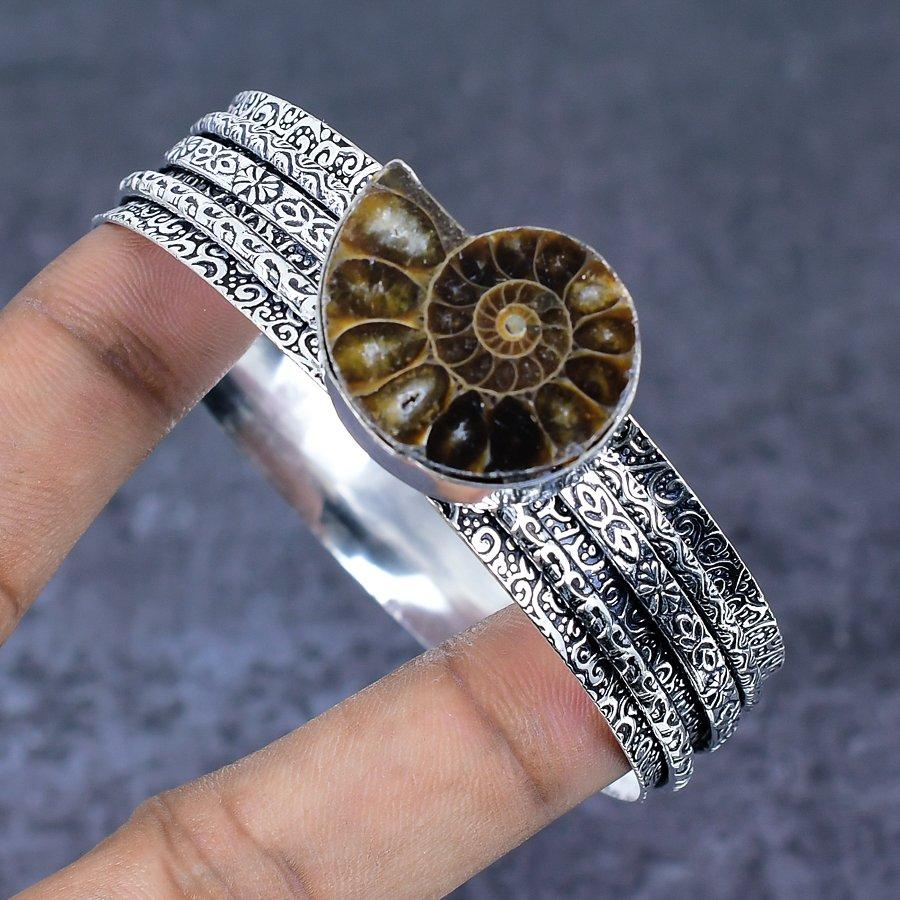 Ammonite Fossil Gemstone 925 Sterling Silver Cuff Bangle 7.5"