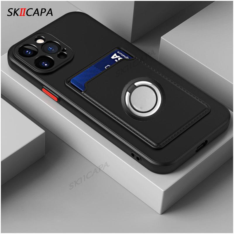 Wallet Card Slot Silicone Case For Iphone 14 13 Pro Max 12 Mini 11 Pro X XS MAX 7 8 Plus Solid Color Magnetic Ring Holder Cover