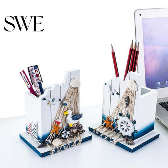 Pen Holder for Home Office Nautical Wooden Handcrafted Mediterranean Theme Makeup Brush Versatile Organizer Ocean Beach Pencil Container Stable Base