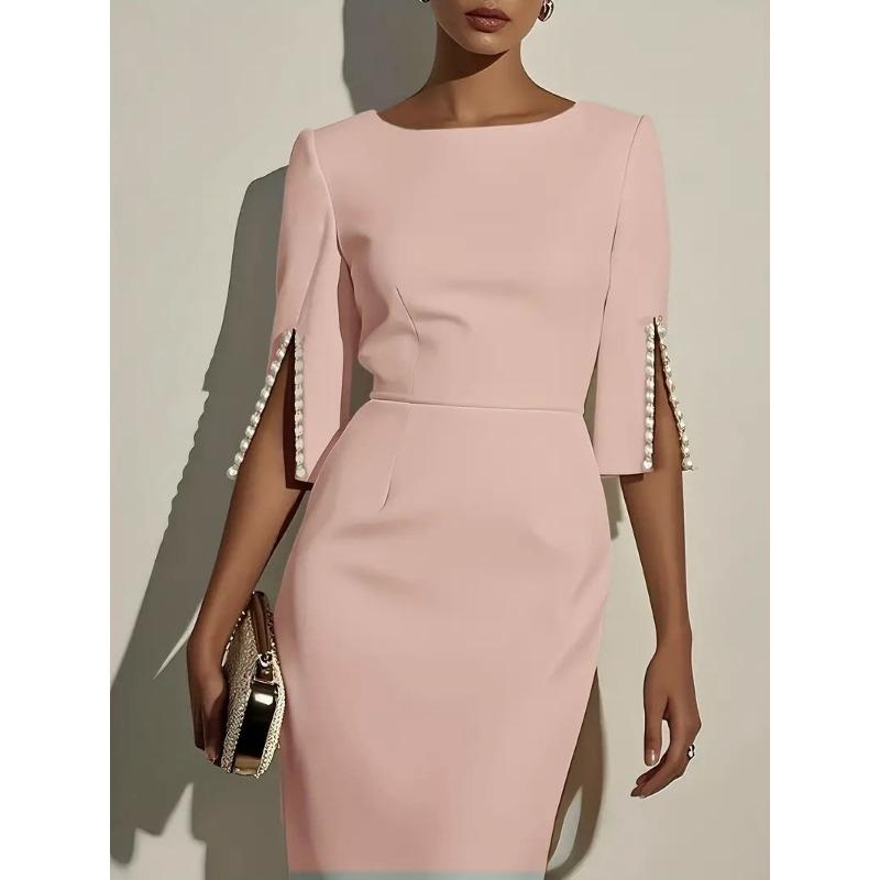 YYFS Women's Fashion Summer Spring Solid Color Print 1/2 Sleeves O-Neck High Waist  Casual Dresses