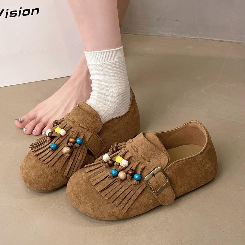 Fashion 2025 New Suede Round Toe Flats Spring Autumn New Slip-on Fashion Ladies Shoes Buckle Tassel Ethnic Novelty Women's Shoes