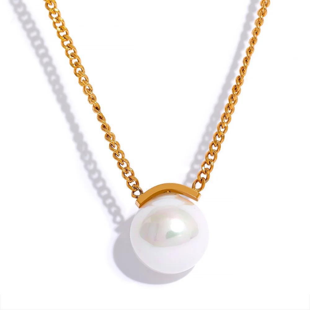 

Yhpup Minimalist Shell Pearl 10mm Ball Pendant Stainless Steel Link Chain Necklace Gold Plated Ladies Trendy Fashion Jewelry