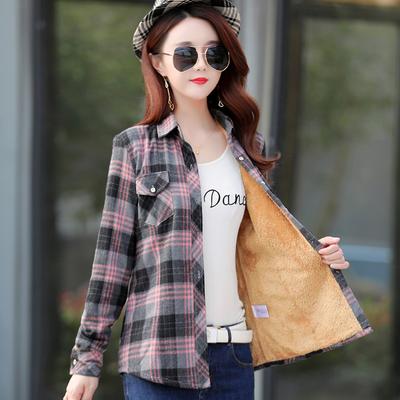 Winter Frauen Warme Baumwolle Plaid Blusen Mode Lange Hülse Drehen-unten Kragen Tasche Samt Shirts Plus Größe S-5XL Tops