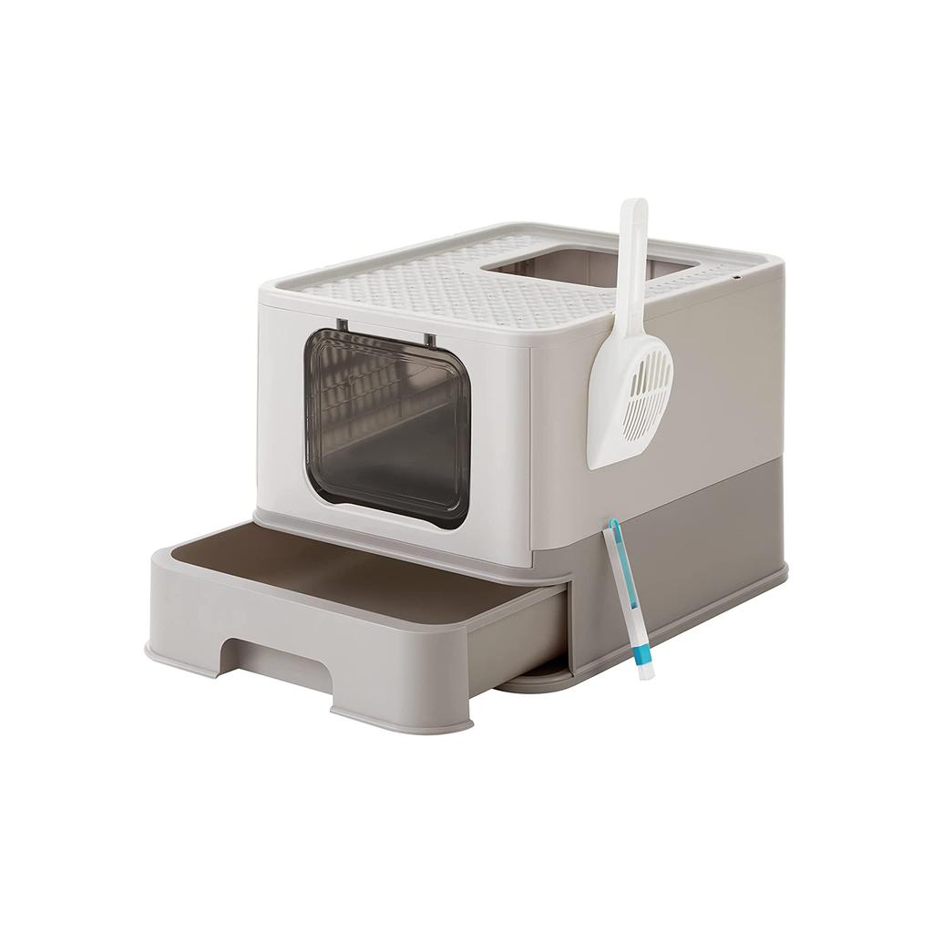 FEANDREA Cat Litter Tray with Lid for Cats up to 15 kg Oatmeal Warm Grey