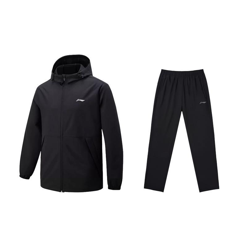 Li-Ning Fashion Lightweight Hooded Jacket Running Simple Comfortable Long Pants Casual Sports Suit Unisex Sports Suit Black AFDUD69#W