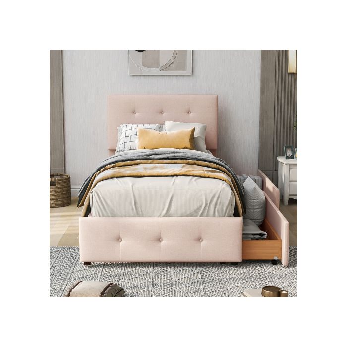 Lit rembourré 90 x 200 cm - MUVOE - Beige foncé - Avec tiroirs - Montage facile - Style classique